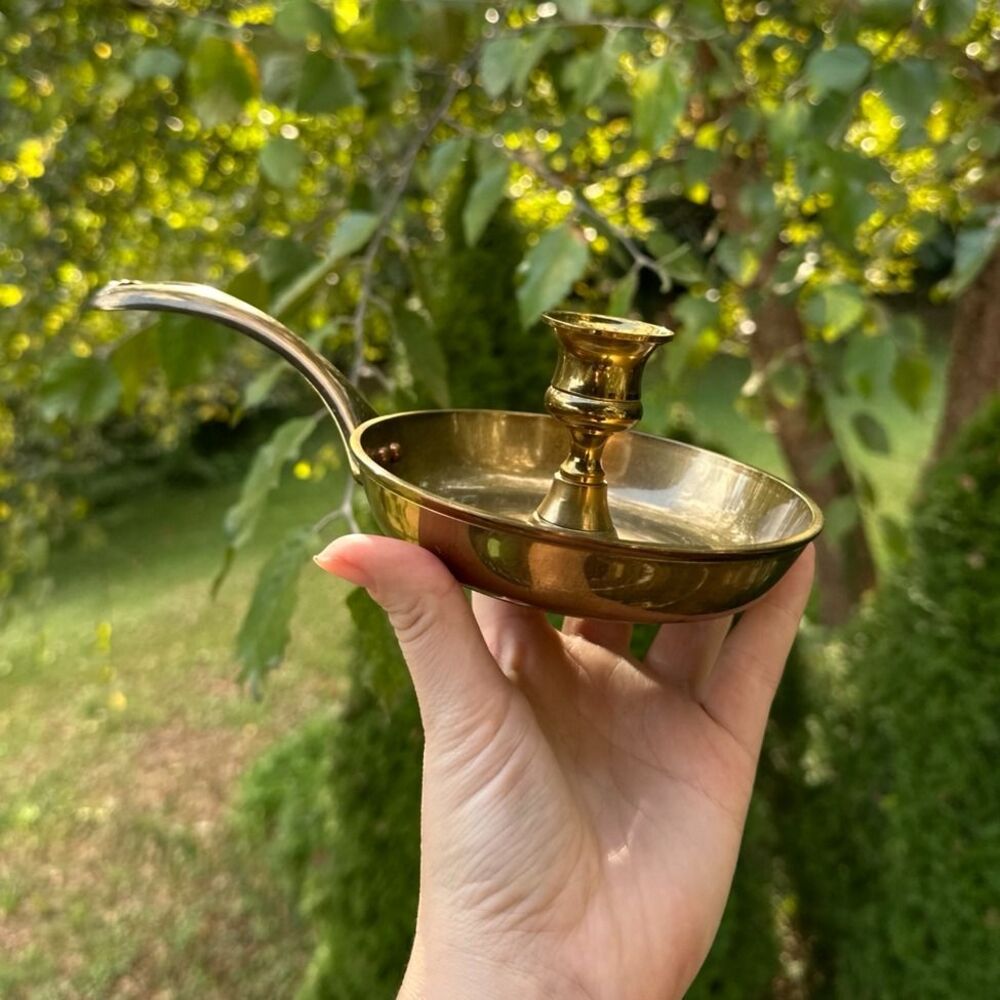 Vintage Brass Candlestick Carolina Frying Pan Candle Holder Heart Handle Cottage